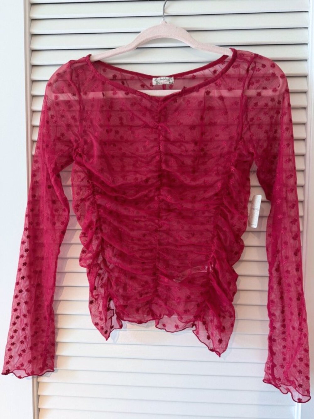 Free People Sheer Mesh Ruched Layering Top Long Sleeve Red Burgundy Gothic Y2K